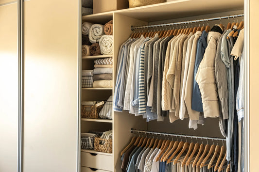 Organized wardrobe closet with neatly folded clothes, hanging shirts, and storage baskets in neutral tones